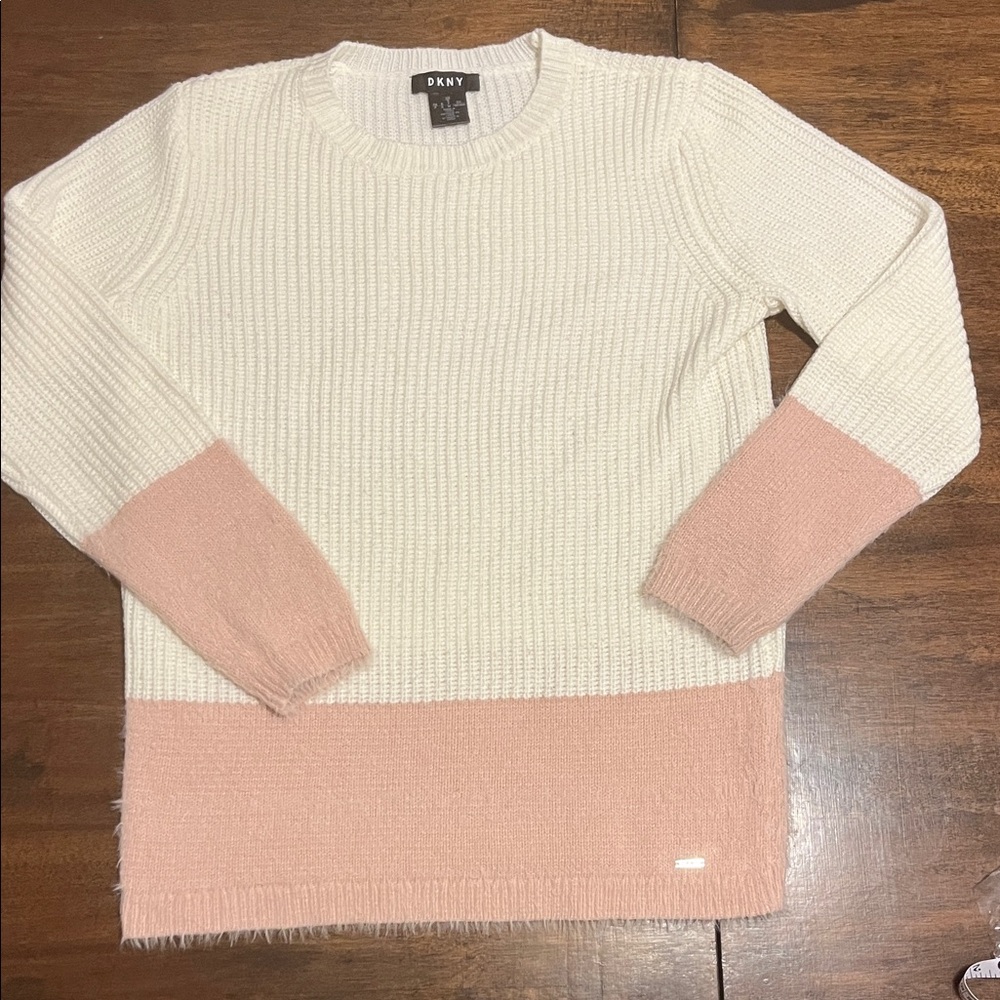 DKNY Women's Knit Sweater in Cream and Fuzzy Pink